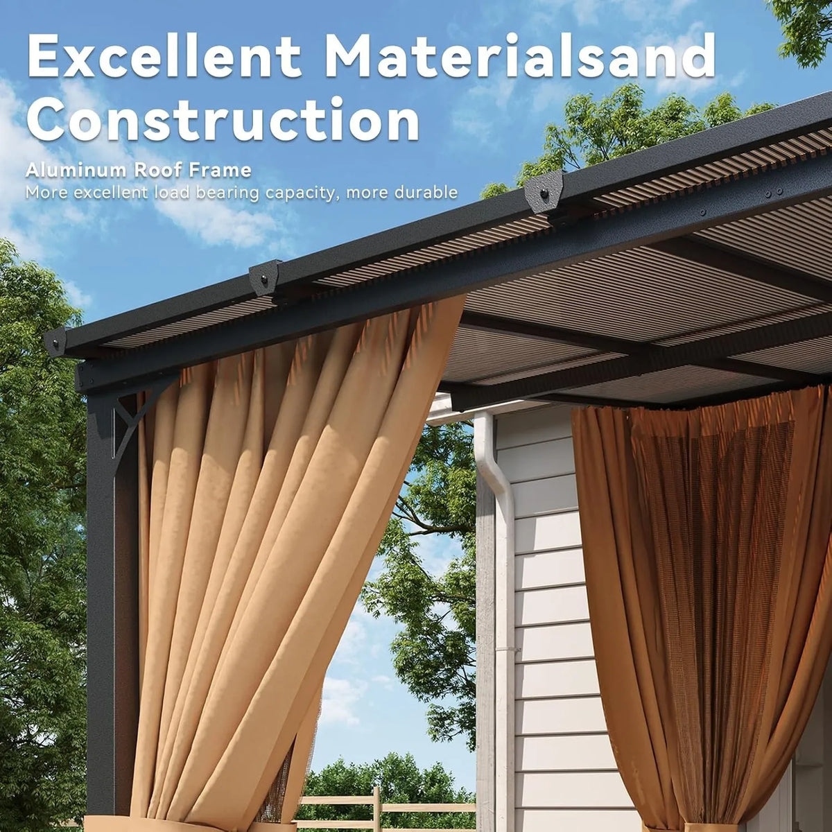 10'x12' Wall Mounted Pergola Gazebo Brown, Sloped Polycarbonate Roof Lean-To Canopy with Curtains & Mosquito Net, Aluminum Fram.