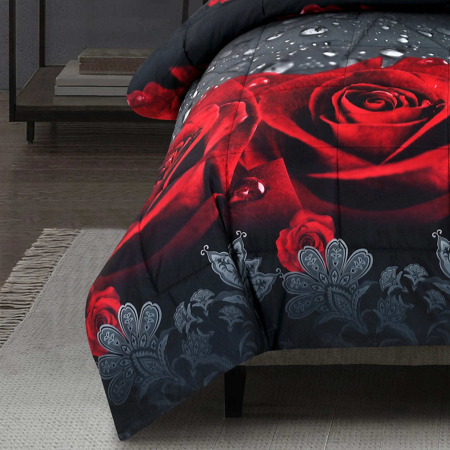 3D Red Rose Printed Comforter Set 3 Piece Queen Size.