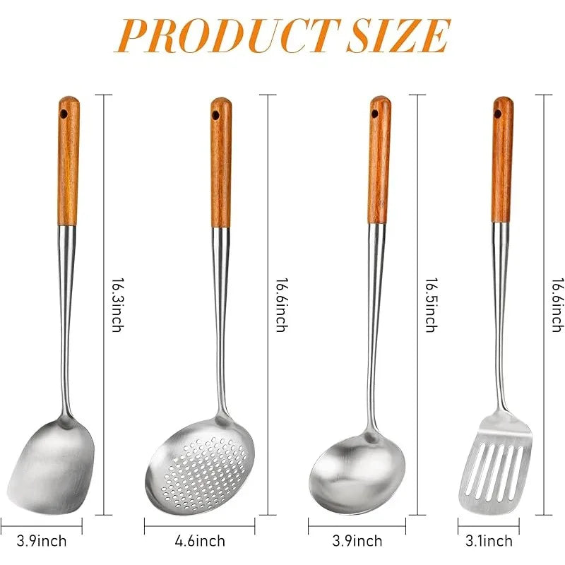 4PCS, Wok Spatula and Ladle, Skimmer Spoon, Slotted Turner Spatula Set, Stainless Steel Kitchen Utensils Sets, with Wooden Handle,.