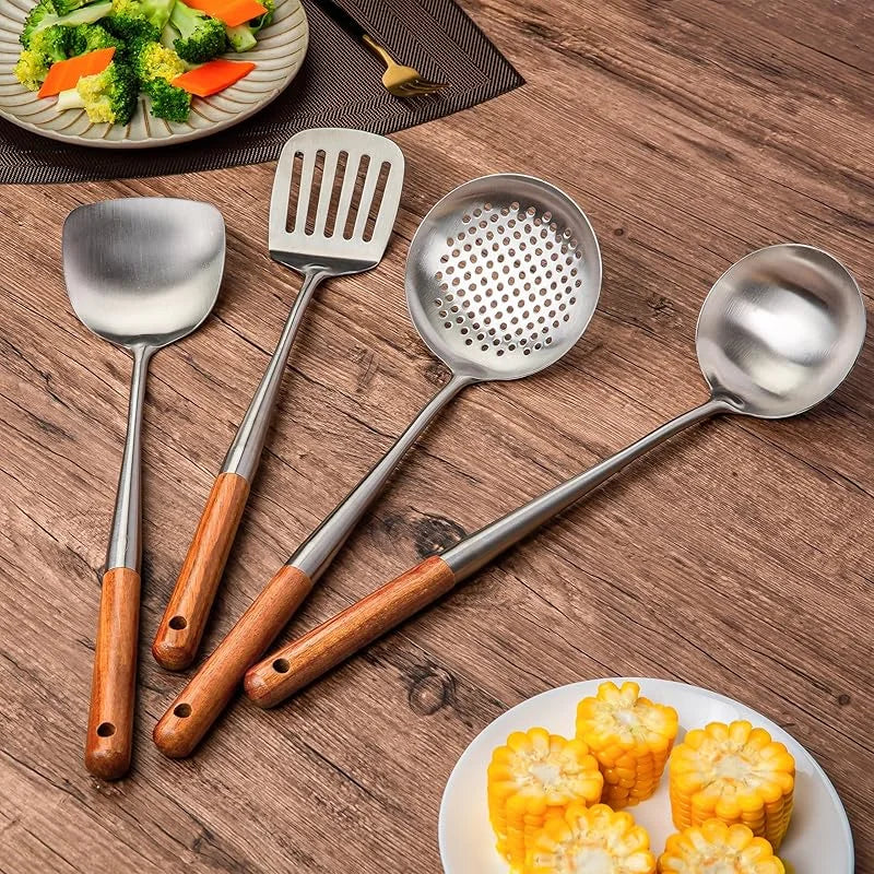 4PCS, Wok Spatula and Ladle, Skimmer Spoon, Slotted Turner Spatula Set, Stainless Steel Kitchen Utensils Sets, with Wooden Handle,.