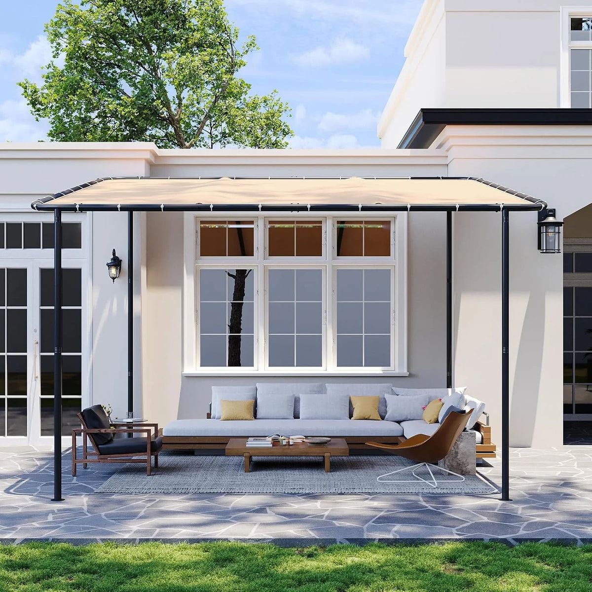 10x12 Lean to Gazebo Wall-Mounted Pergola, Sloped Roof Awning . Khaki