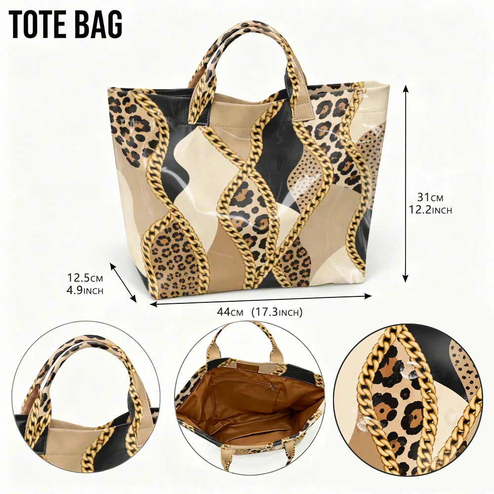 1pc Leopard Metal Chain Stitching Pattern Bright PVC Tote Bag, .