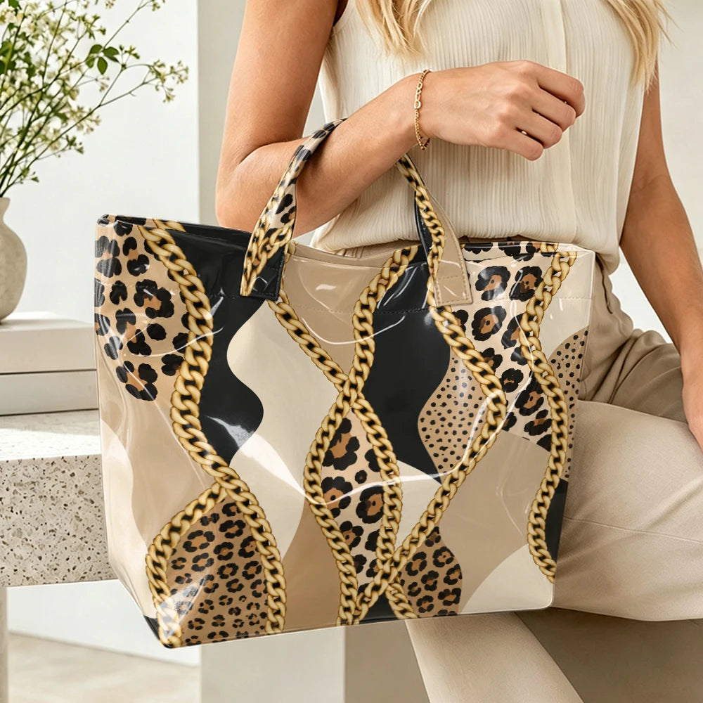 1pc Leopard Metal Chain Stitching Pattern Bright PVC Tote Bag, .