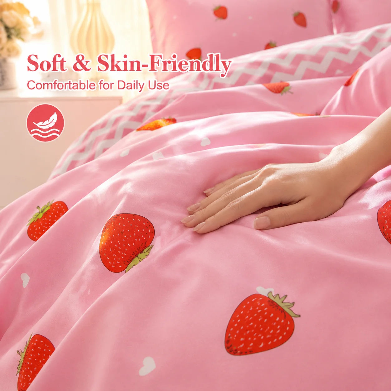 This Pink Strawberry Pattern Duvet Cover Set.  A Cute and Adorable Bedding Set Suitable for Girls, Children, and Teenagers..
