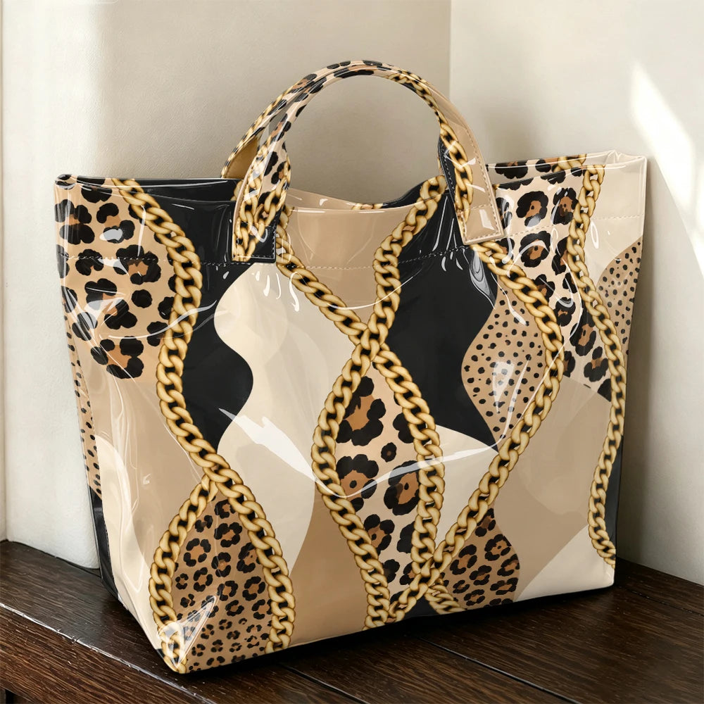 1pc Leopard Metal Chain Stitching Pattern Bright PVC Tote Bag, .