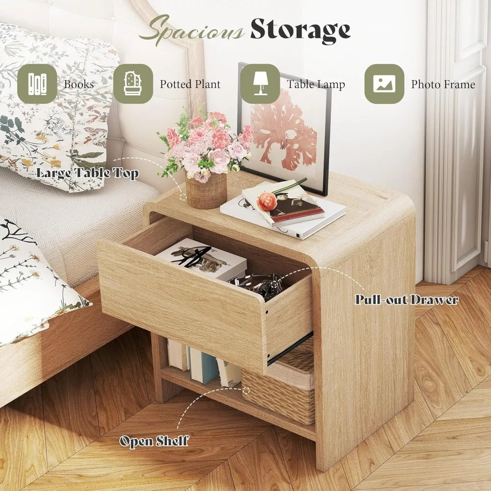 Modern Night Stand Set 2 with Storage Drawer & Open Shelves, 24"