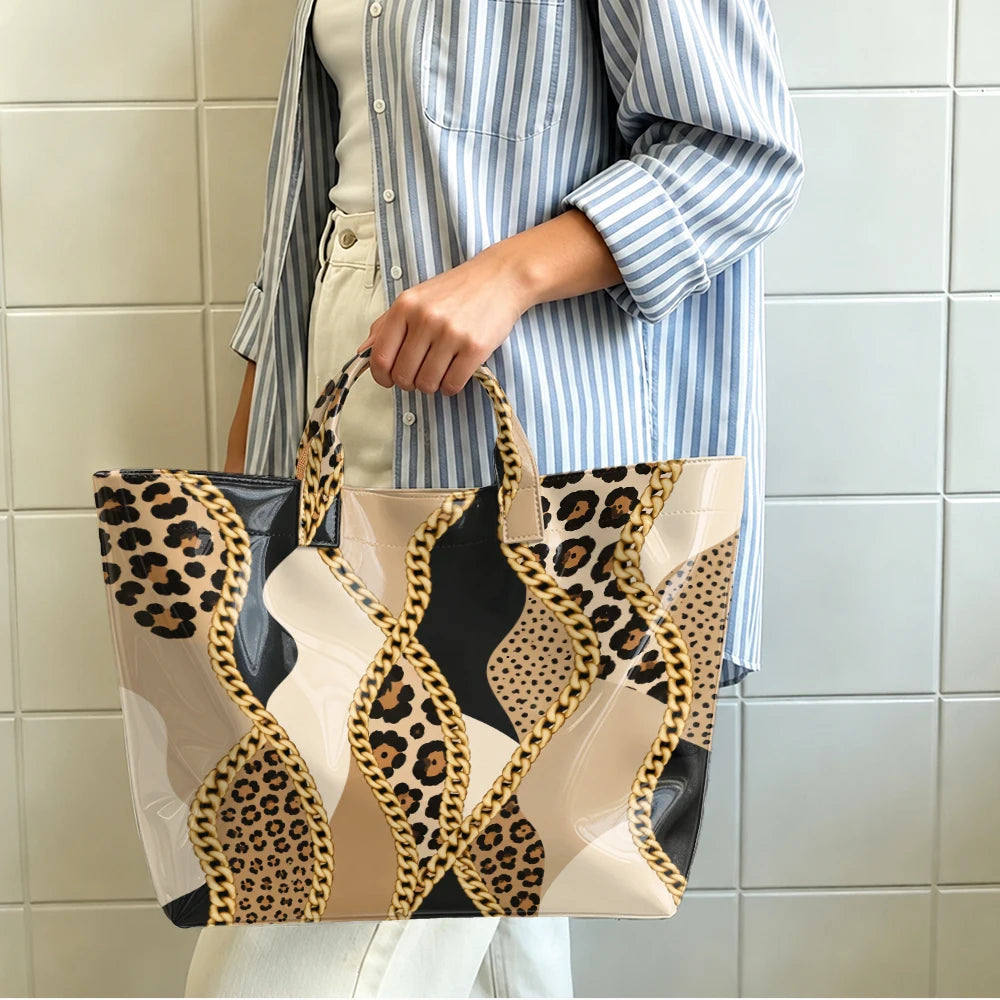 1pc Leopard Metal Chain Stitching Pattern Bright PVC Tote Bag, .