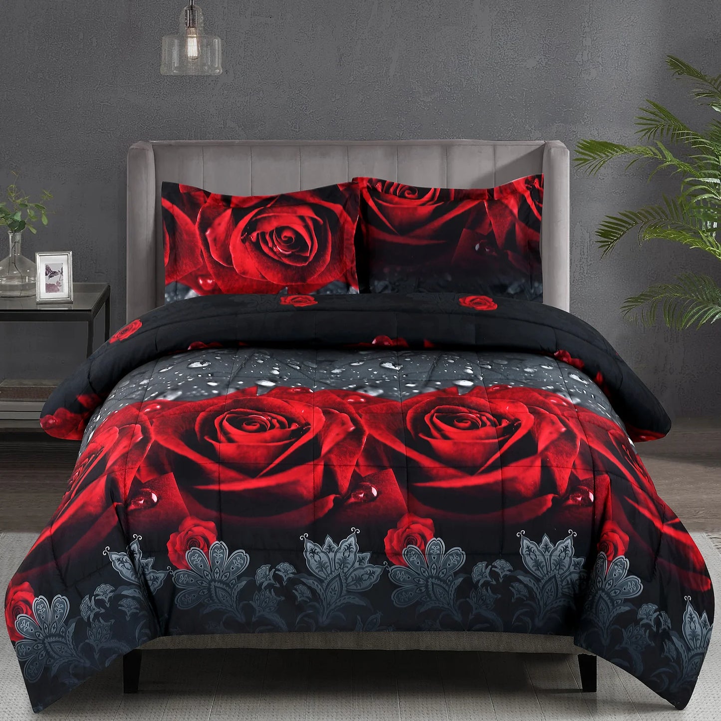 3D Red Rose Printed Comforter Set 3 Piece Queen Size.