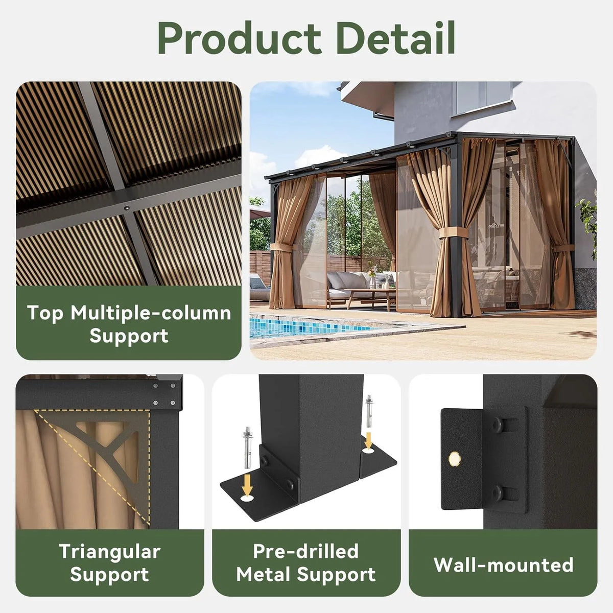 10'x12' Wall Mounted Pergola Gazebo Brown, Sloped Polycarbonate Roof Lean-To Canopy with Curtains & Mosquito Net, Aluminum Fram.