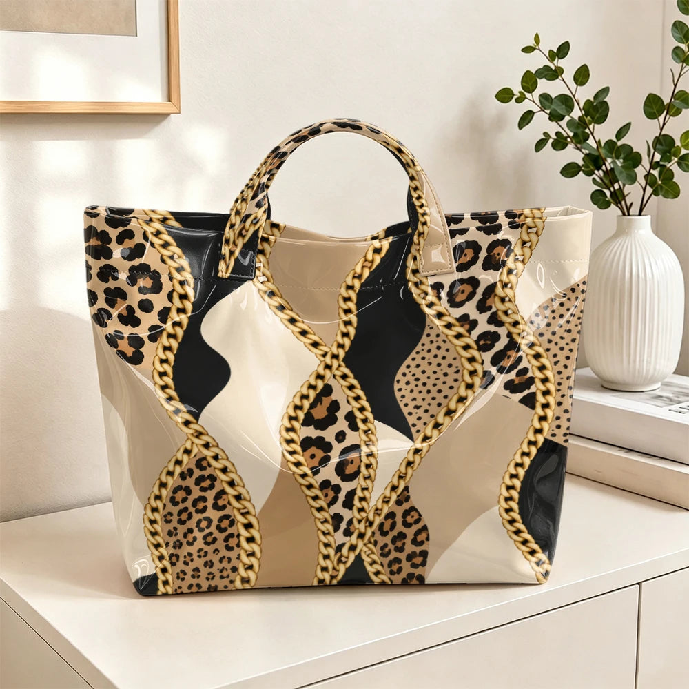 1pc Leopard Metal Chain Stitching Pattern Bright PVC Tote Bag, .