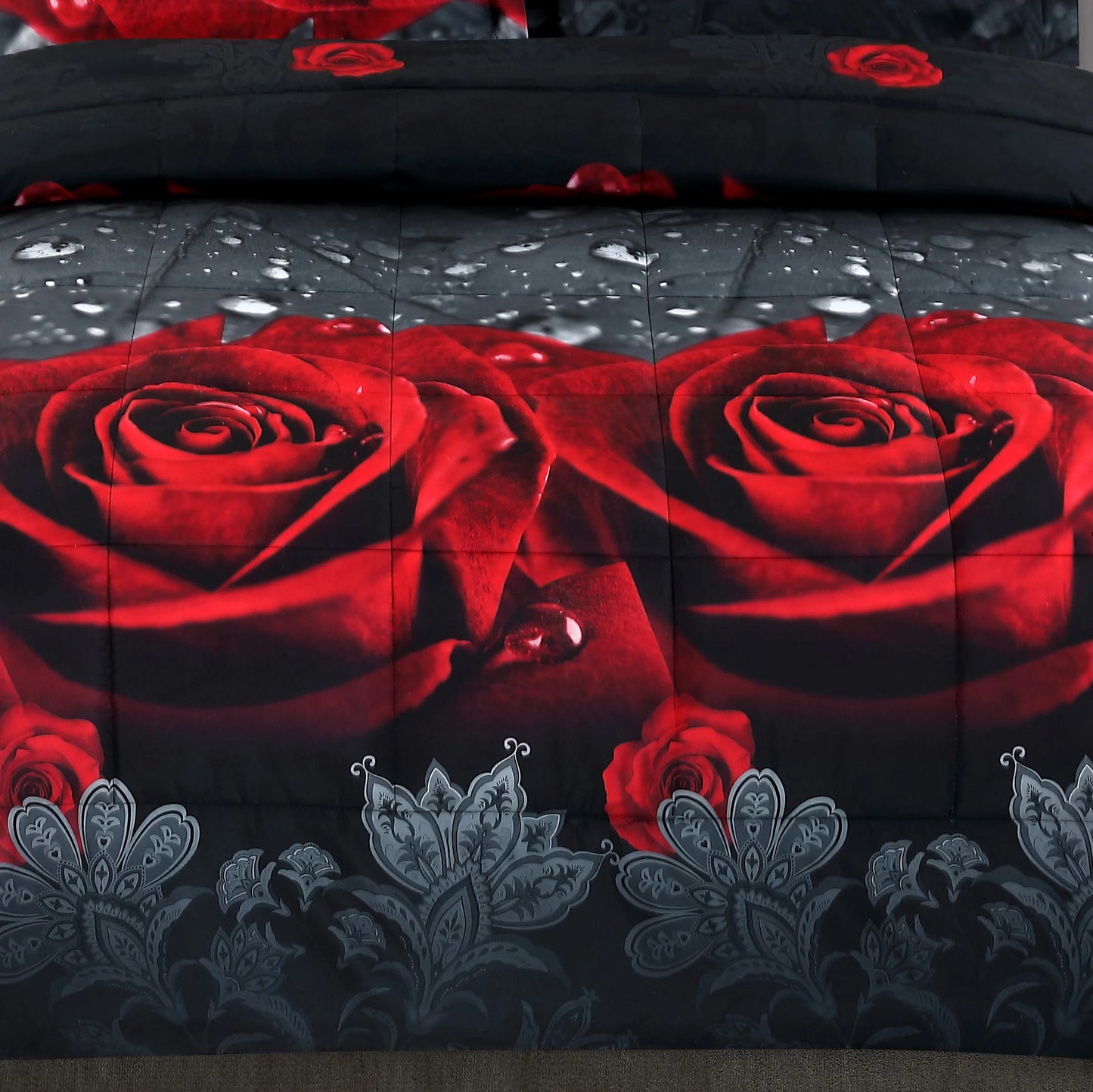 3D Red Rose Printed Comforter Set 3 Piece Queen Size.