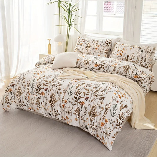 Floral Plant Print Quilt Cover Set,  Includes 1 Quilt Cover and 1-2 Pillowcases