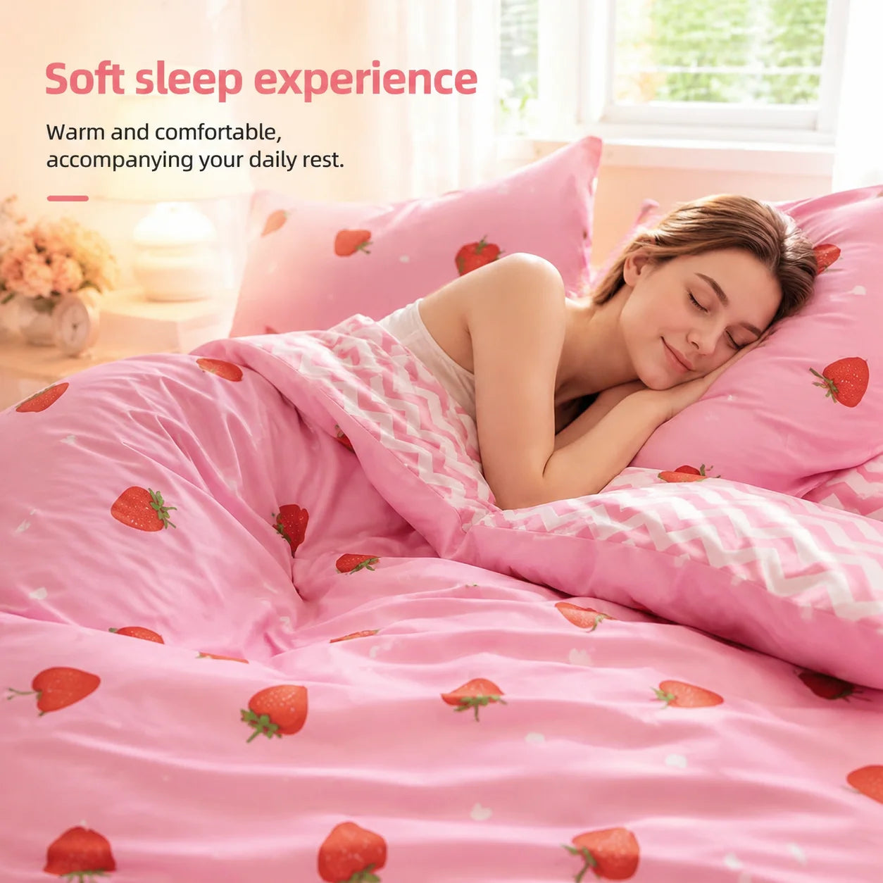 This Pink Strawberry Pattern Duvet Cover Set.  A Cute and Adorable Bedding Set Suitable for Girls, Children, and Teenagers..