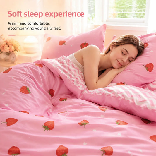 This Pink Strawberry Pattern Duvet Cover Set.  A Cute and Adorable Bedding Set Suitable for Girls, Children, and Teenagers..