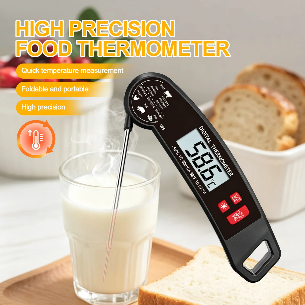 Instant Read Meat Thermometer Digital Food Temperature Tester. Gauge for Meat, Milk, Water, Soup, Porridge and Hot Drinks, Portable Outdoor Camping Cooking Tool
