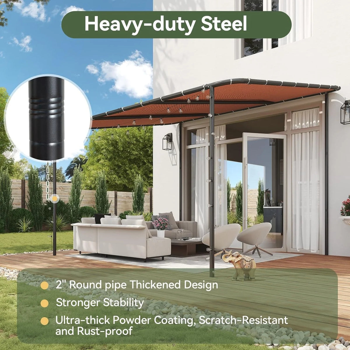 10x12 Lean to Gazebo Wall-Mounted Pergola, Sloped Roof Awning . Khaki