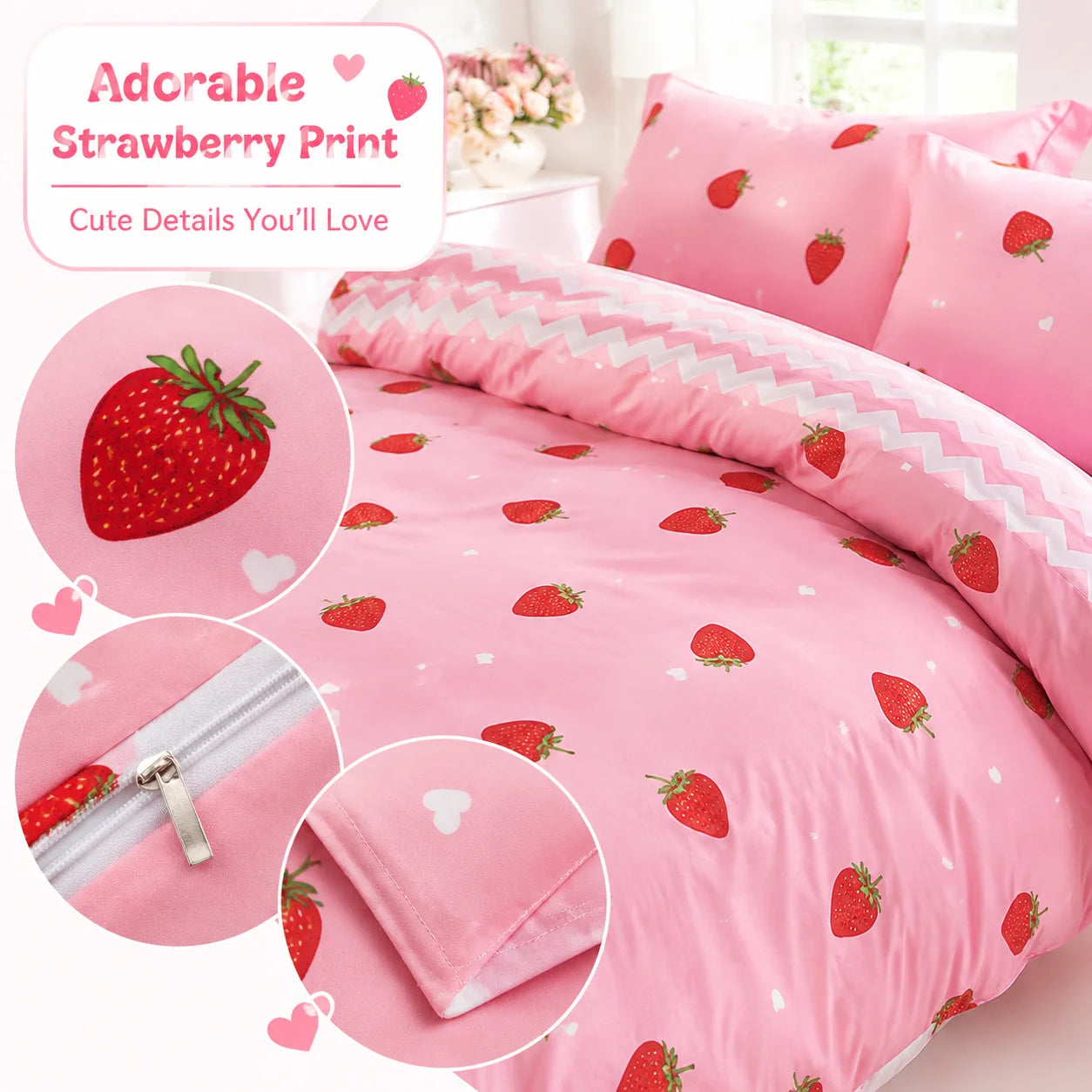 This Pink Strawberry Pattern Duvet Cover Set.  A Cute and Adorable Bedding Set Suitable for Girls, Children, and Teenagers..