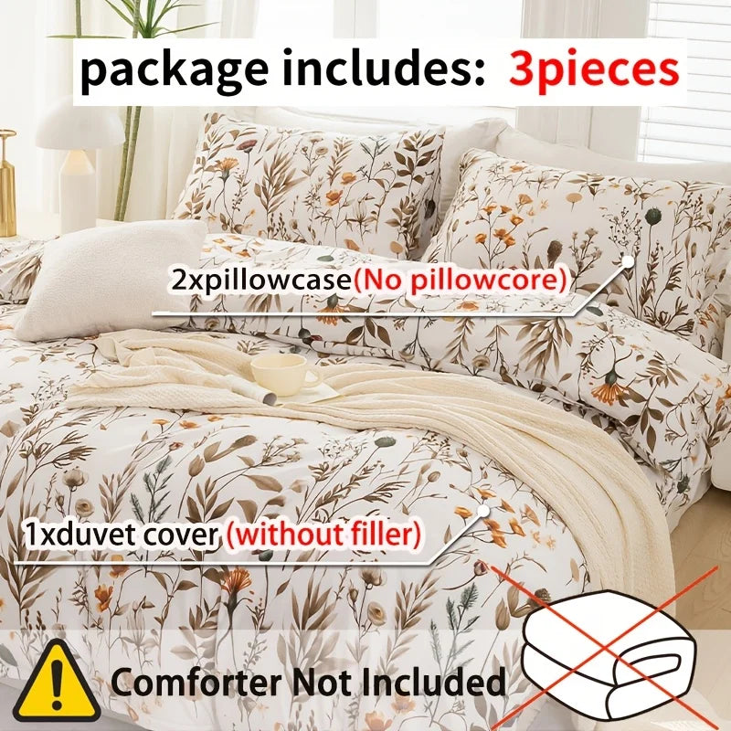 Floral Plant Print Quilt Cover Set,  Includes 1 Quilt Cover and 1-2 Pillowcases
