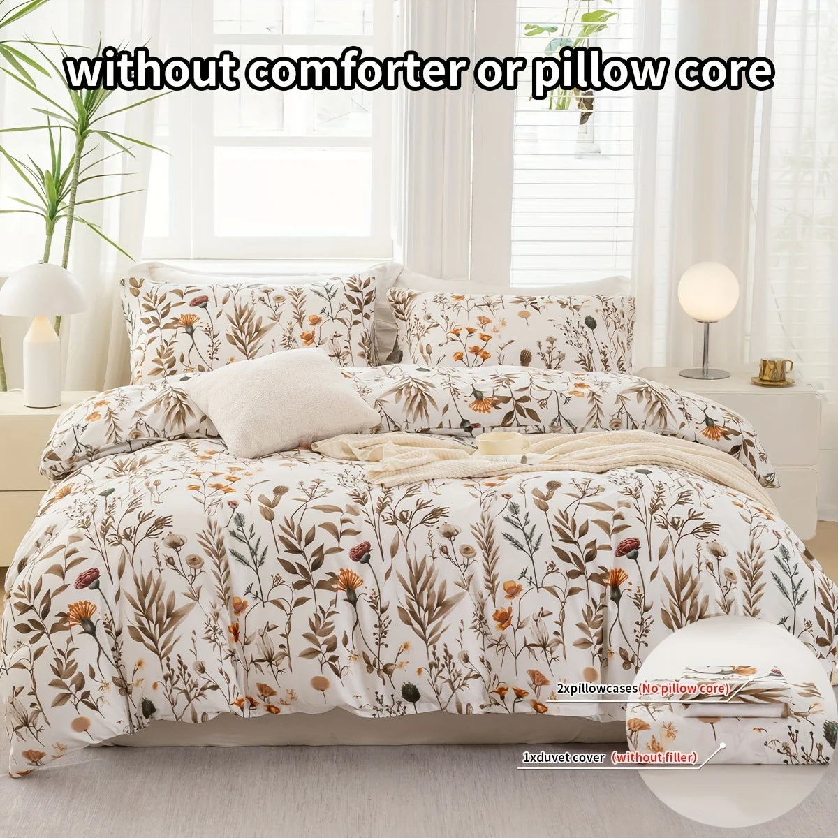 Floral Plant Print Quilt Cover Set,  Includes 1 Quilt Cover and 1-2 Pillowcases