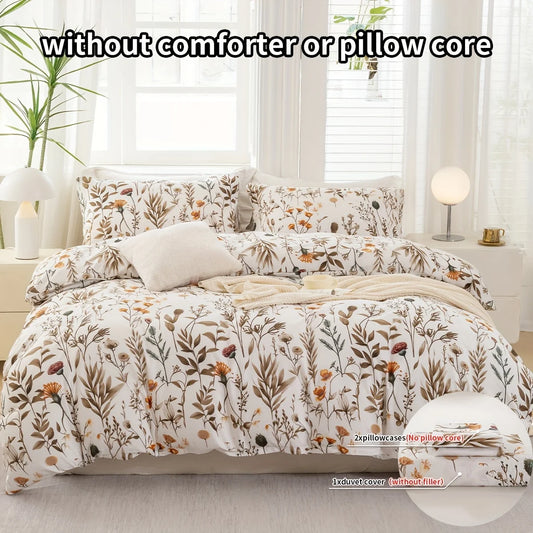 Floral Plant Print Quilt Cover Set,  Includes 1 Quilt Cover and 1-2 Pillowcases