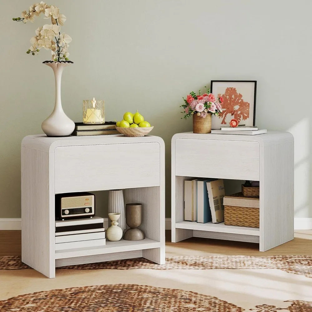 Modern Night Stand Set 2 with Storage Drawer & Open Shelves, 24"