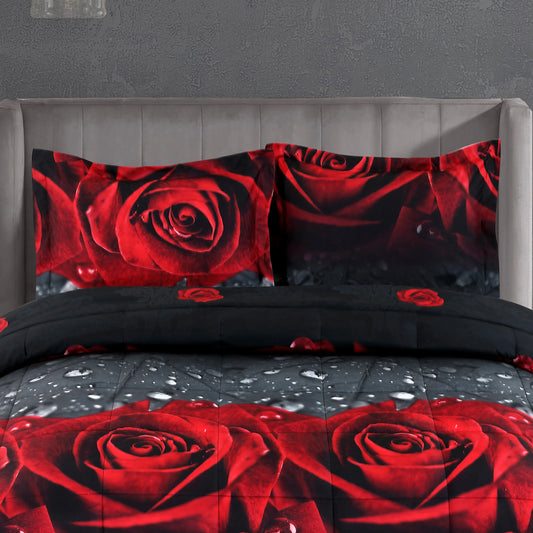 3D Red Rose Printed Comforter Set 3 Piece Queen Size.