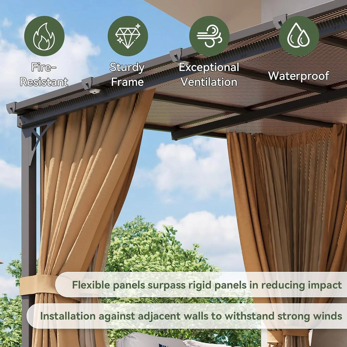 10'x12' Wall Mounted Pergola Gazebo Brown, Sloped Polycarbonate Roof Lean-To Canopy with Curtains & Mosquito Net, Aluminum Fram.