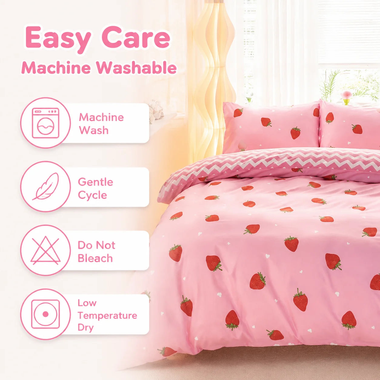 This Pink Strawberry Pattern Duvet Cover Set.  A Cute and Adorable Bedding Set Suitable for Girls, Children, and Teenagers..