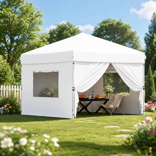 10x10 FT Pop Up Canopy Tent with 4 Removable Sidewalls Heavy Duty Instant Outdoor Gazebo Waterproof UV Protection Oxford Fabric Portable Sun Shelter .White