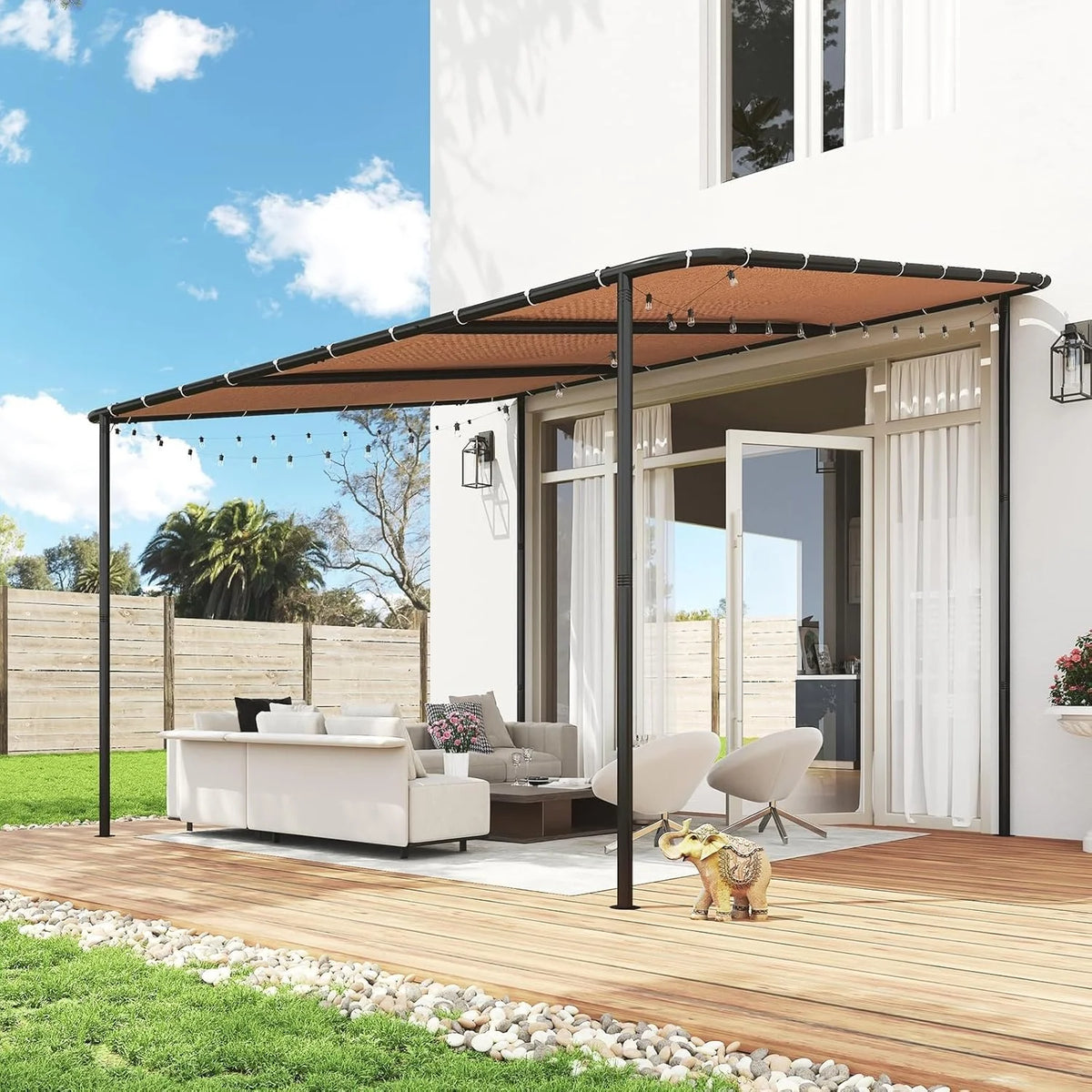 10x12 Lean to Gazebo Wall-Mounted Pergola, Sloped Roof Awning . Khaki