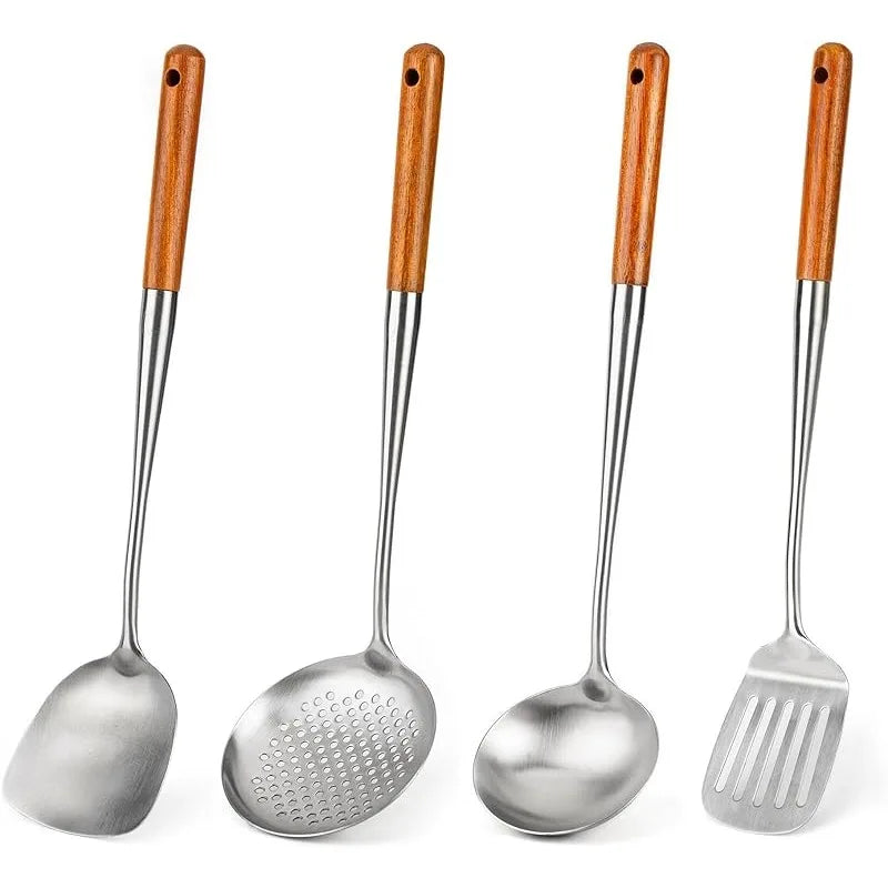 4PCS, Wok Spatula and Ladle, Skimmer Spoon, Slotted Turner Spatula Set, Stainless Steel Kitchen Utensils Sets, with Wooden Handle,.