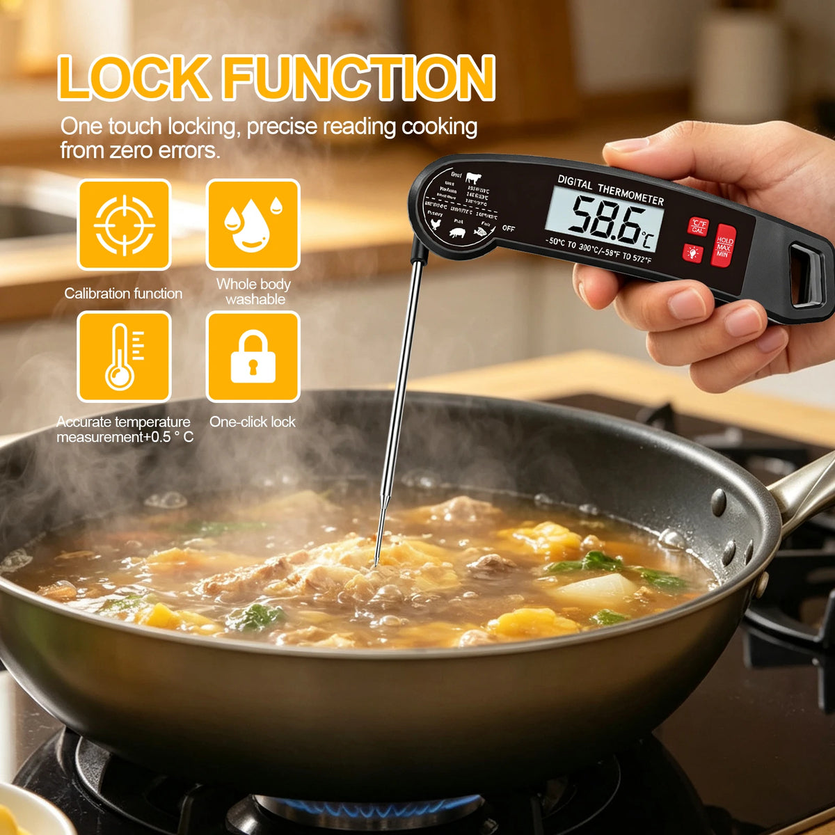 Instant Read Meat Thermometer Digital Food Temperature Tester. Gauge for Meat, Milk, Water, Soup, Porridge and Hot Drinks, Portable Outdoor Camping Cooking Tool