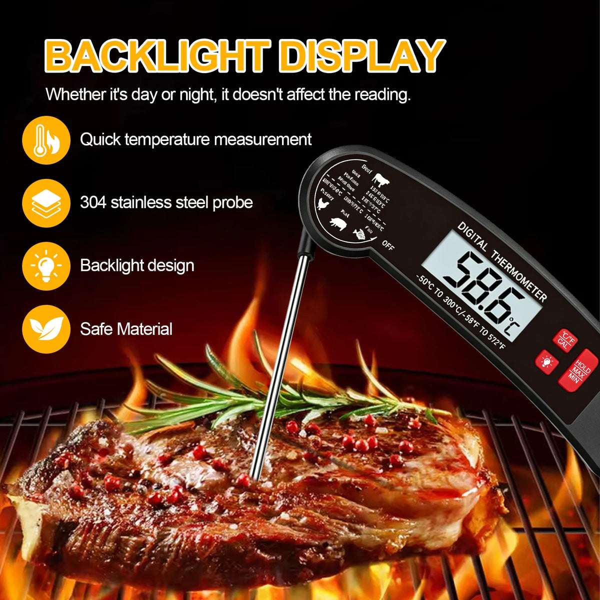 Instant Read Meat Thermometer Digital Food Temperature Tester. Gauge for Meat, Milk, Water, Soup, Porridge and Hot Drinks, Portable Outdoor Camping Cooking Tool