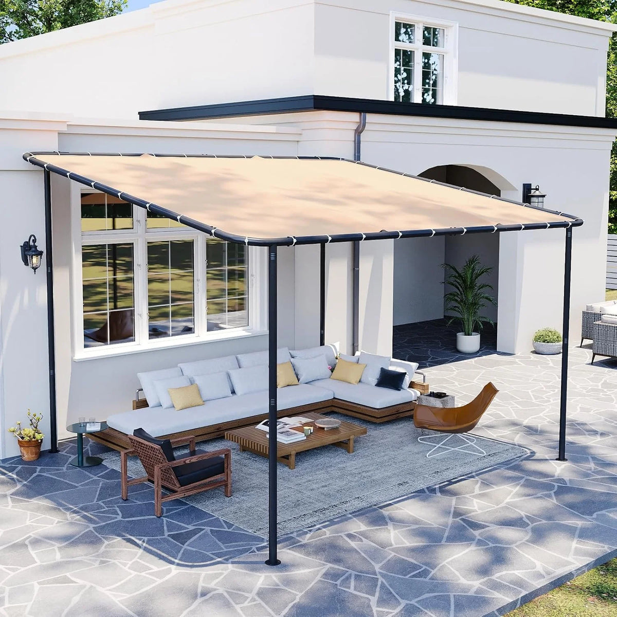 10x12 Lean to Gazebo Wall-Mounted Pergola, Sloped Roof Awning . Khaki
