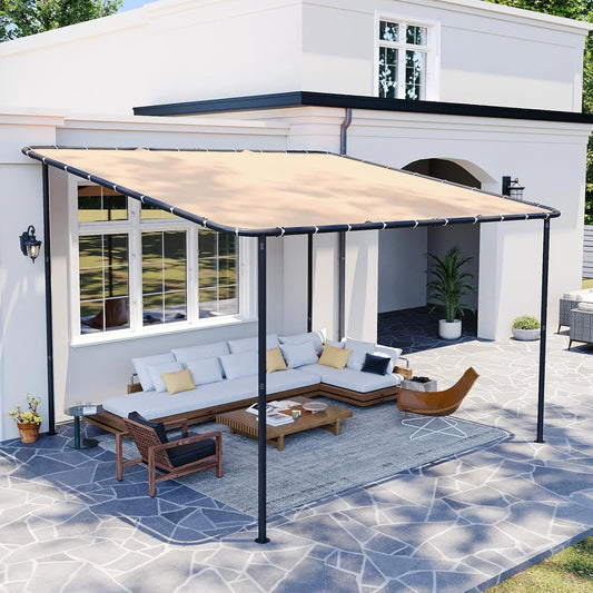 10x12 Lean to Gazebo Wall-Mounted Pergola, Sloped Roof Awning . Khaki