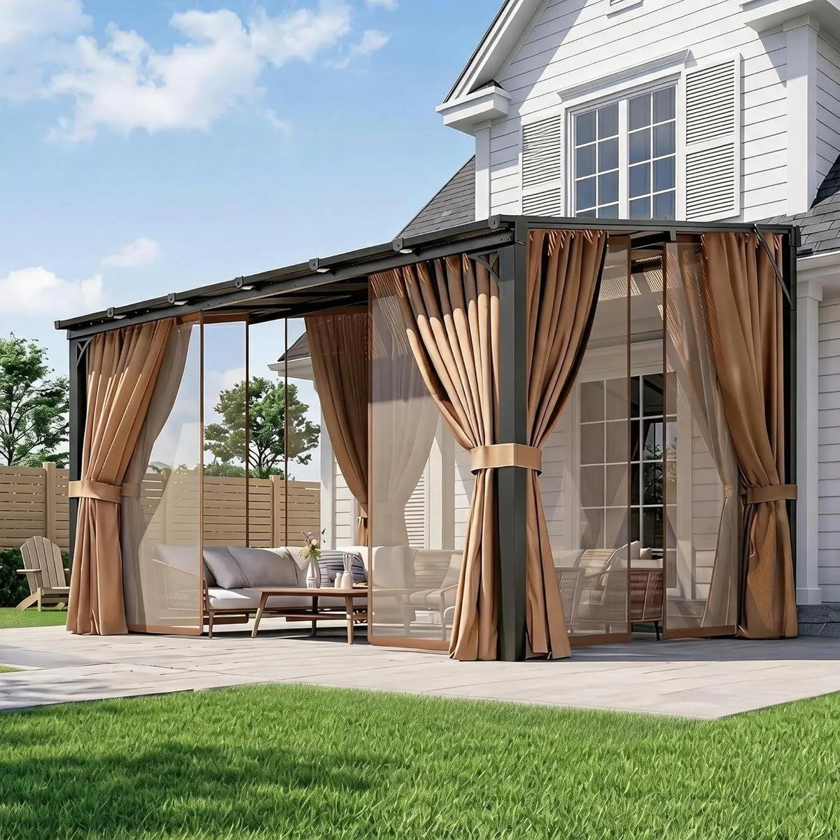 10'x12' Wall Mounted Pergola Gazebo Brown, Sloped Polycarbonate Roof Lean-To Canopy with Curtains & Mosquito Net, Aluminum Fram.