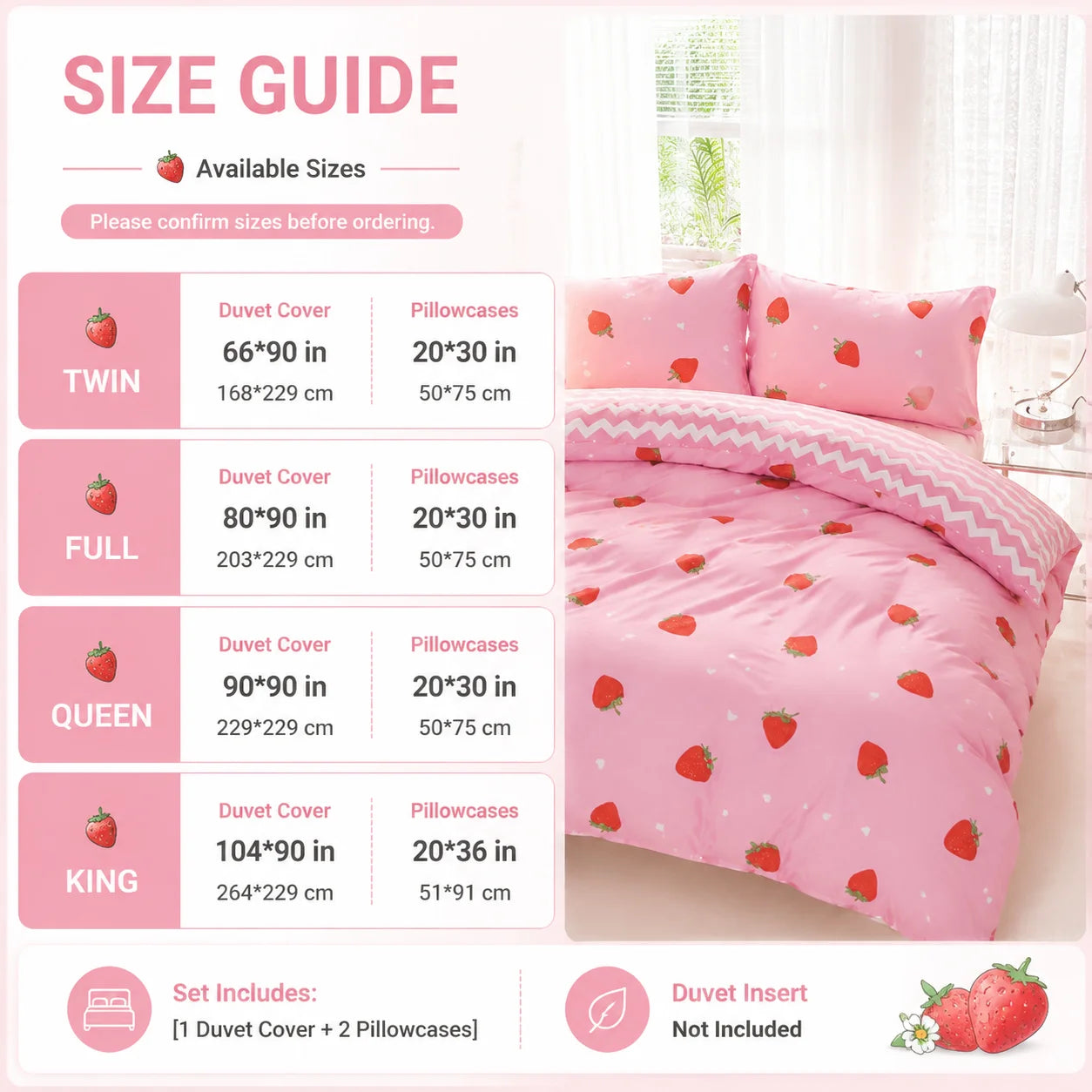 This Pink Strawberry Pattern Duvet Cover Set.  A Cute and Adorable Bedding Set Suitable for Girls, Children, and Teenagers..