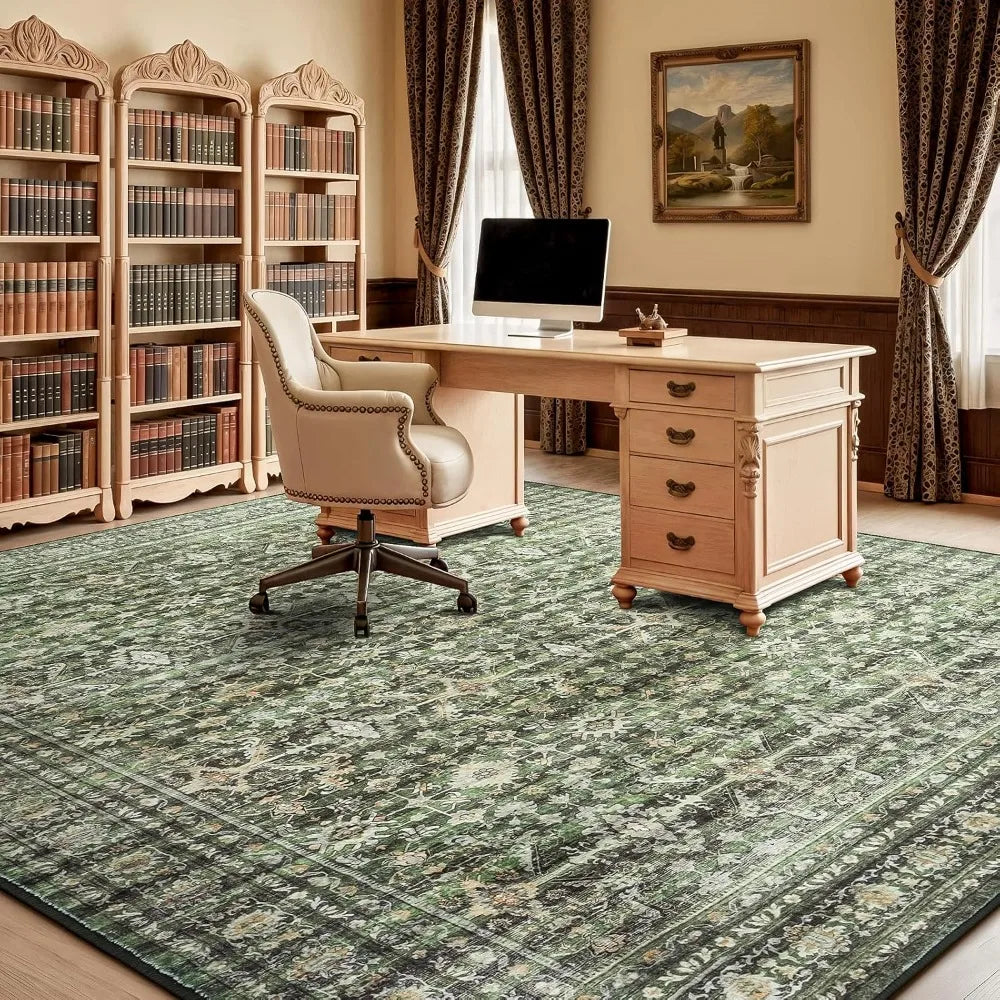 8x10 Area Rugs .Green Washable Non-Slip Large Carpet Soft Boho Rug . Stain Resistant Low Pile Vintage Distressed