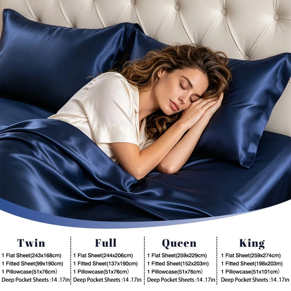 Double-sided Satin Quilt Cover Silk Satin Bed Sheet Bed Cover Bedding Set Satin Bed Sheet Set (4-piece Set) .