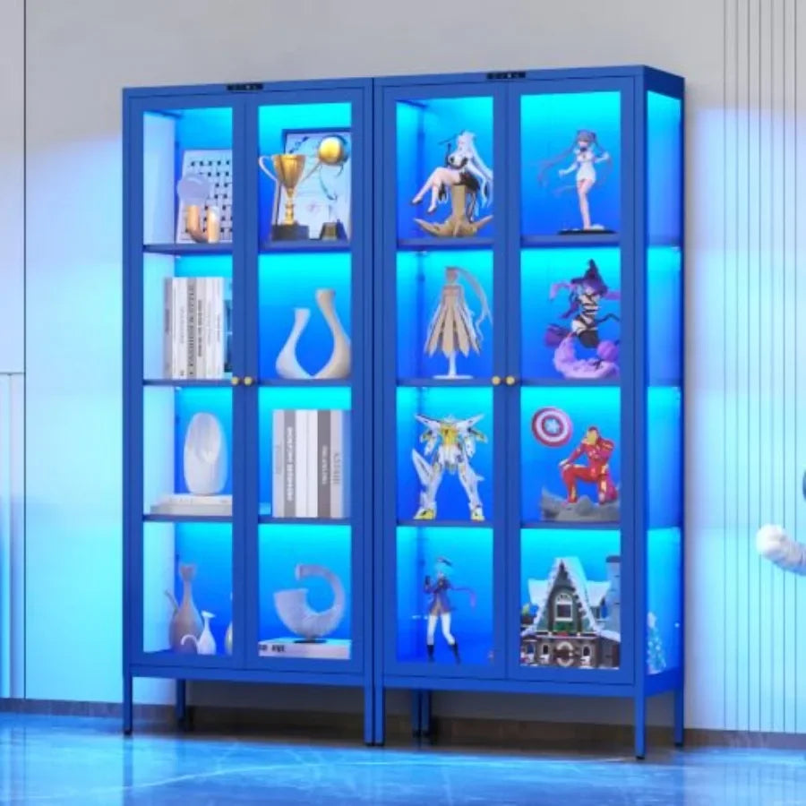 66 Glass Display Cabinet with 8-Color LED for Collectibles: Premium Tempered Glass, Sleek Black Frame,