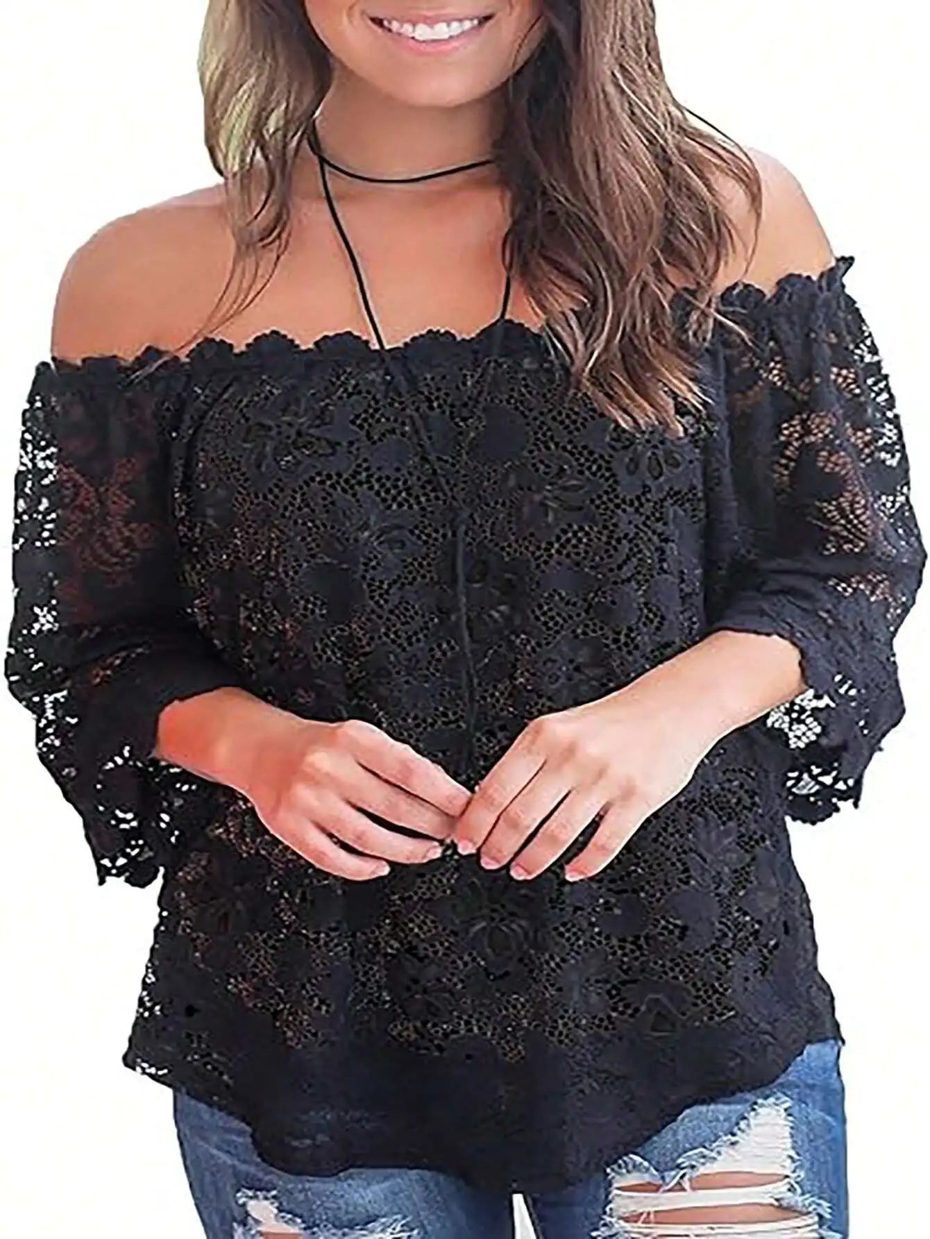 Black Lace Off Shoulder Blouse Plus Size