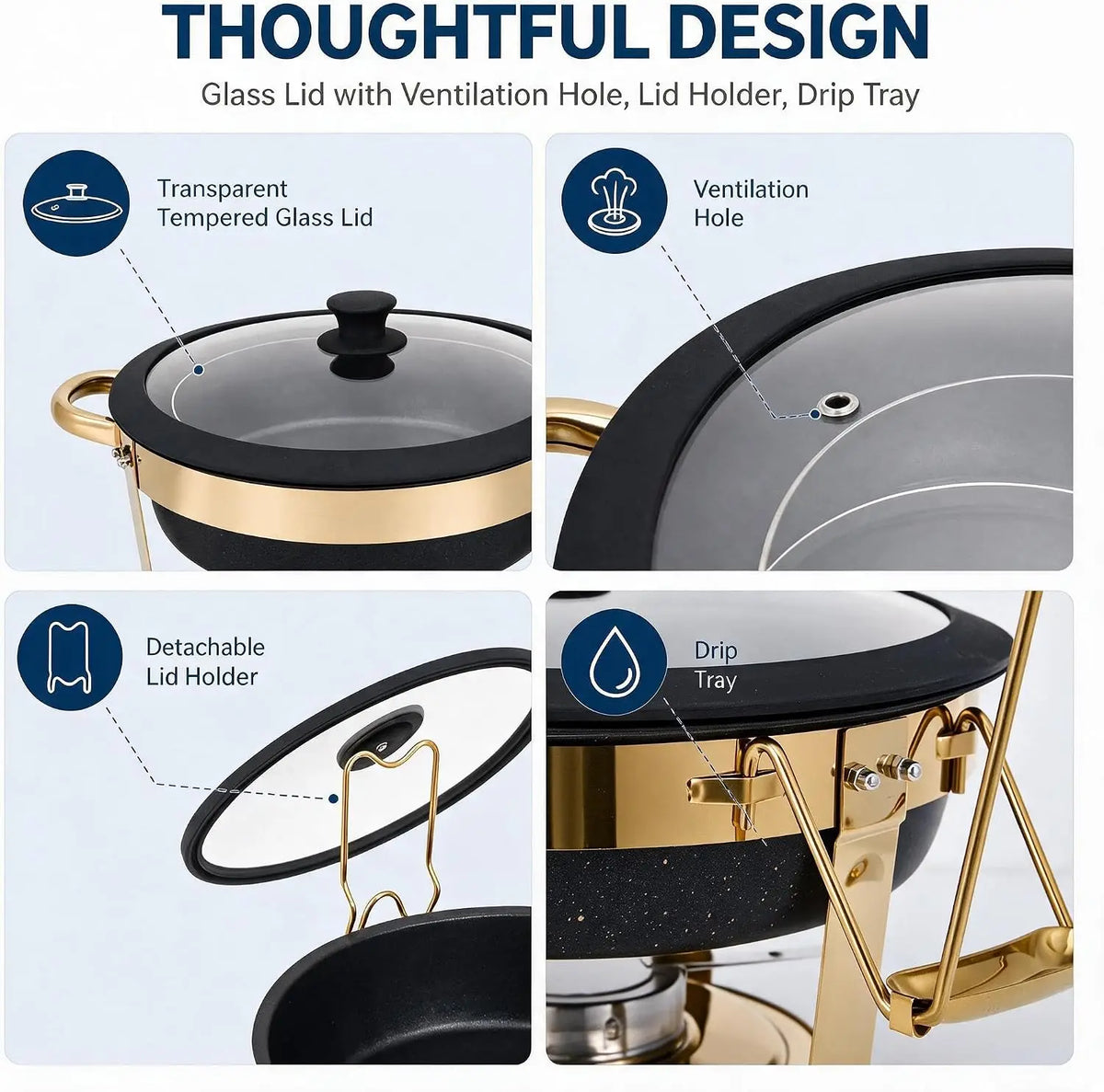 Chafing Dishes for Buffet 2/4/6Pack 6QT Black Maifanite-Coated Chafer Round Stainless Steel , Glass Lid Buffet Food Warmers .