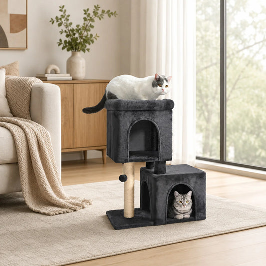 30-Inch Cat Tree with 2 Cozy Condos Sisal Scratching Post Soft Top Perch Hanging Pompom .
