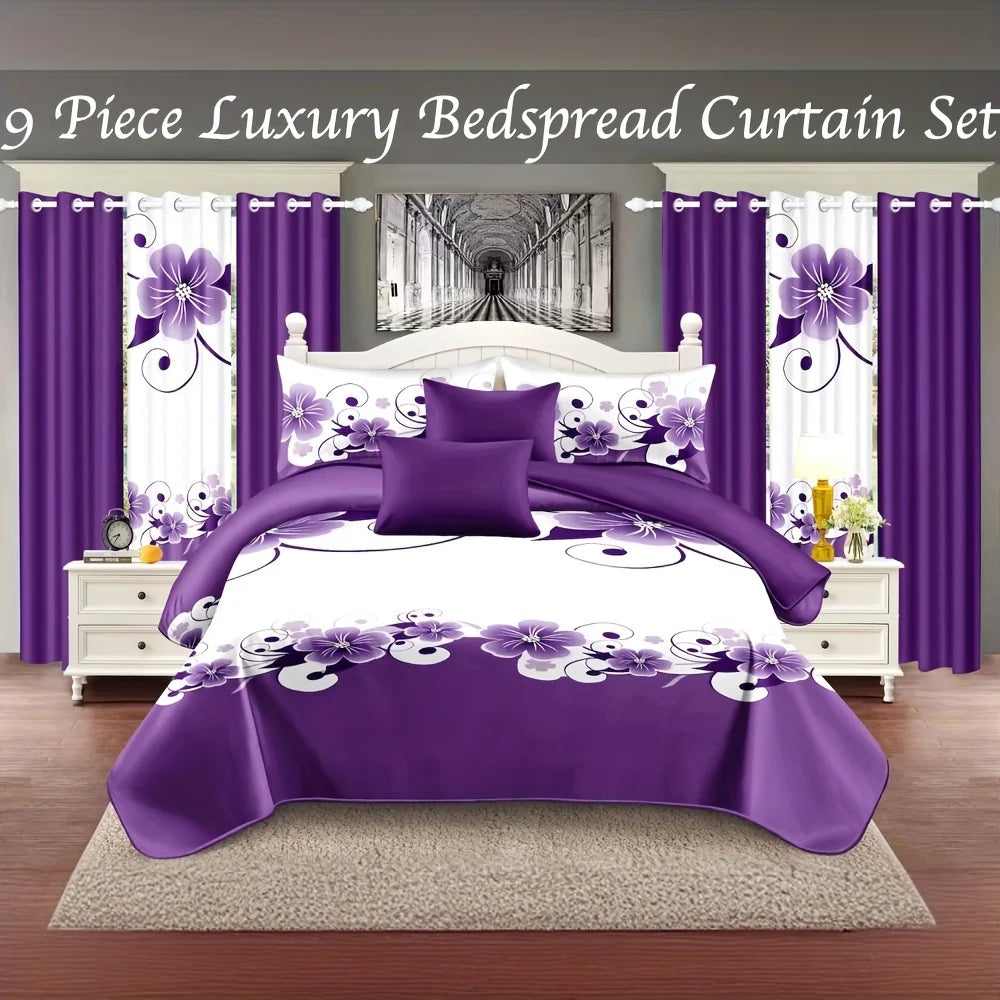 9 Piece Luxury Bedspread And Curtain Set Purple Floral Microfiber All Season