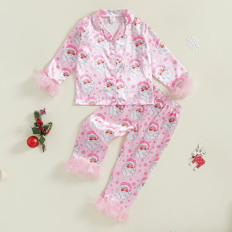 2024-08-02 Lioraitiin Toddler Baby Girl 2Pcs Christmas Pajamas Long Sleeve Feather Trim Shirt + Pants Set Sleepwear