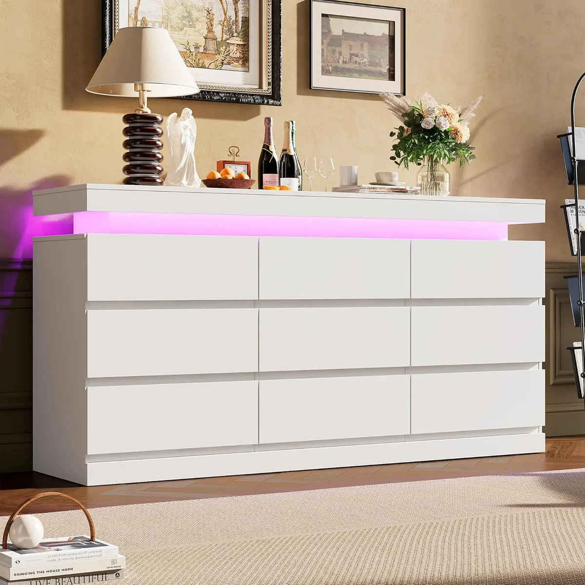 63in 9 Drawer Dresser With LED Lights & Charging Station, .