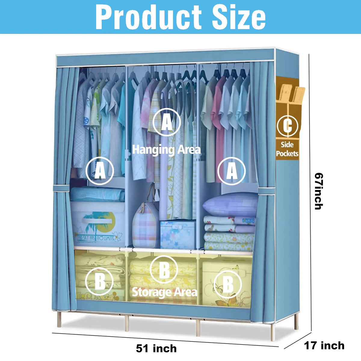 Closet Wardrobe Organizer Storage Rack Portable Clothes Shoe Clothing Shelf Dustproof Non-woven Fabric.