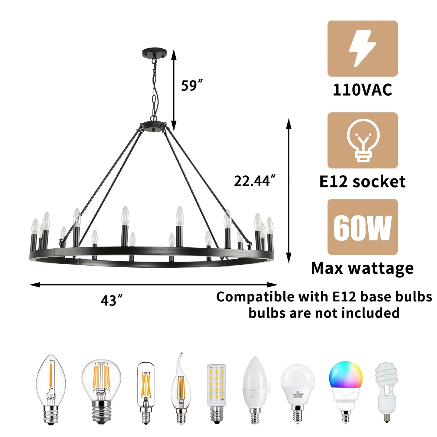 16-Light Wagon Wheel Chandelier Round Matte 43 inch Modern Rustic Farmhouse