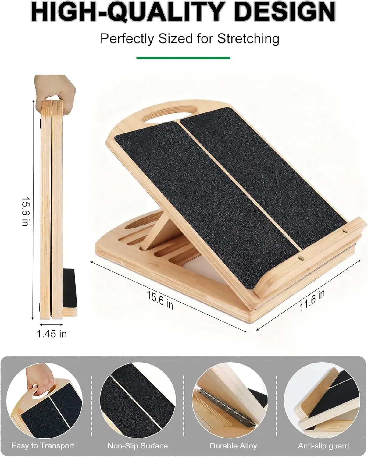 Slant Board for Calf Stretching, Adjustable Wooden Incline Board with Anti Slip Barrier.