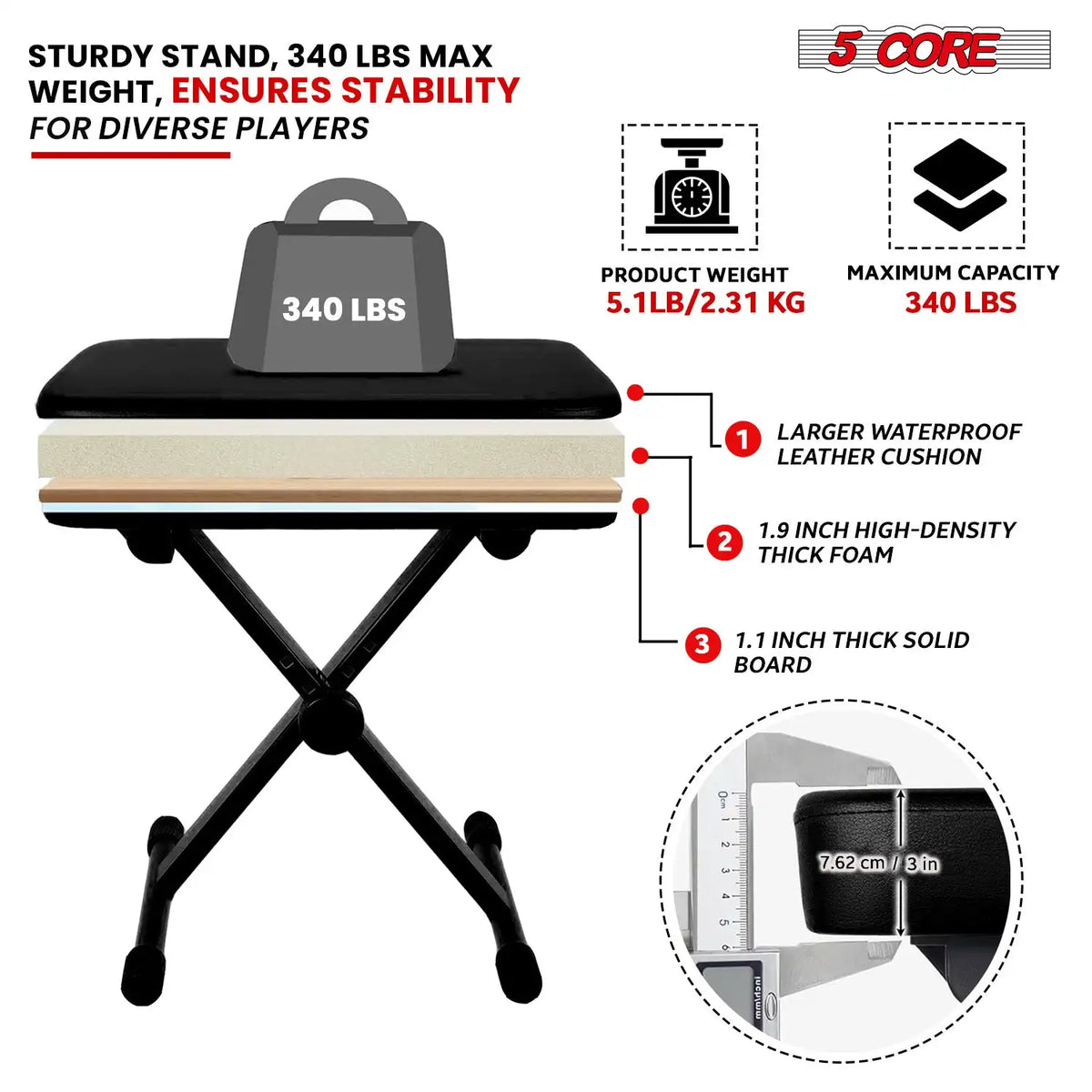 5 Core Keyboard Stand Double X Style Adjustable Piano Riser + Keyboard Piano Bench .